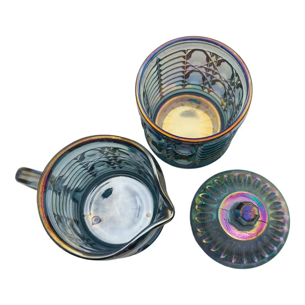Vintage Indiana Glass Carnival Iridescent Blue 3-Piece Creamer & Sugar Bowl